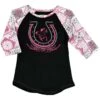 Cowgirl Hardware Girls' Crystal Horseshoe Raglan T-shirt 1 Cowgirl Hardware Girls' Crystal Horseshoe Raglan T-shirt -Wrangler || Schleich || ROPER Shop cowgirl hardware girls crystal horseshoe raglan t shirt