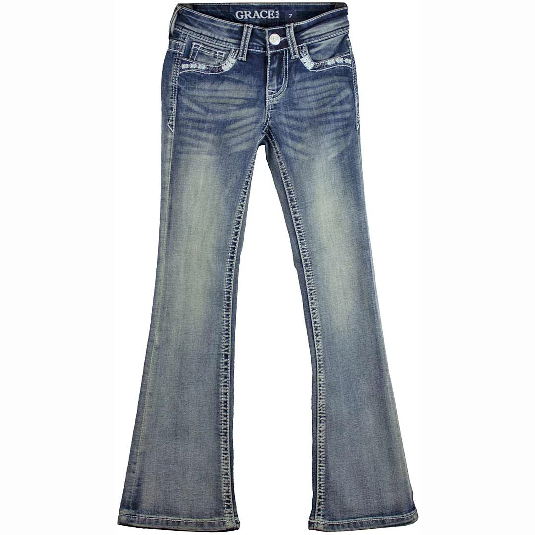 Grace In LA Girls' Steer Head Feather Pocket Bootcut Jeans 4 Grace In LA Girls' Steer Head Feather Pocket Bootcut Jeans - Image 2