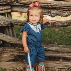 Shea Baby Infant Girls' Denim With Fringe Onesie -Wrangler || Schleich || ROPER Shop img21745 shea baby infant girls denim with fringe onesie