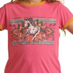 Rock & Roll Cowgirl Girls' Horse Graphic Ringer T-Shirt -Wrangler || Schleich || ROPER Shop img57061 rock roll cowgirl girls horse graphic ringer t shirt