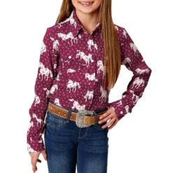 Roper Girls' Horseshoe Horse Print Snap Shirt
