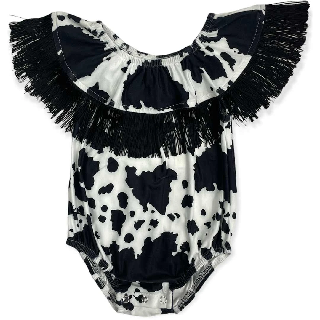Shea Baby Infant Girls' Cow Print With Fringe Onesie 3 Shea Baby Infant Girls' Cow Print With Fringe Onesie