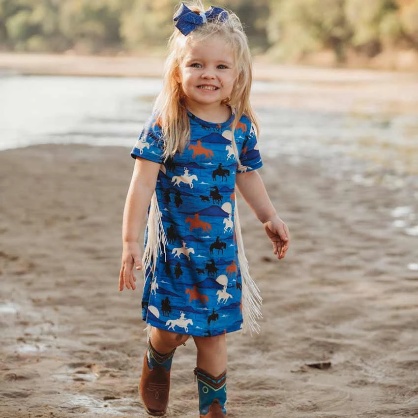 Shea Baby Toddler Girls' Blue Running Horse Dress 4 Shea Baby Toddler Girls' Blue Running Horse Dress - Image 2